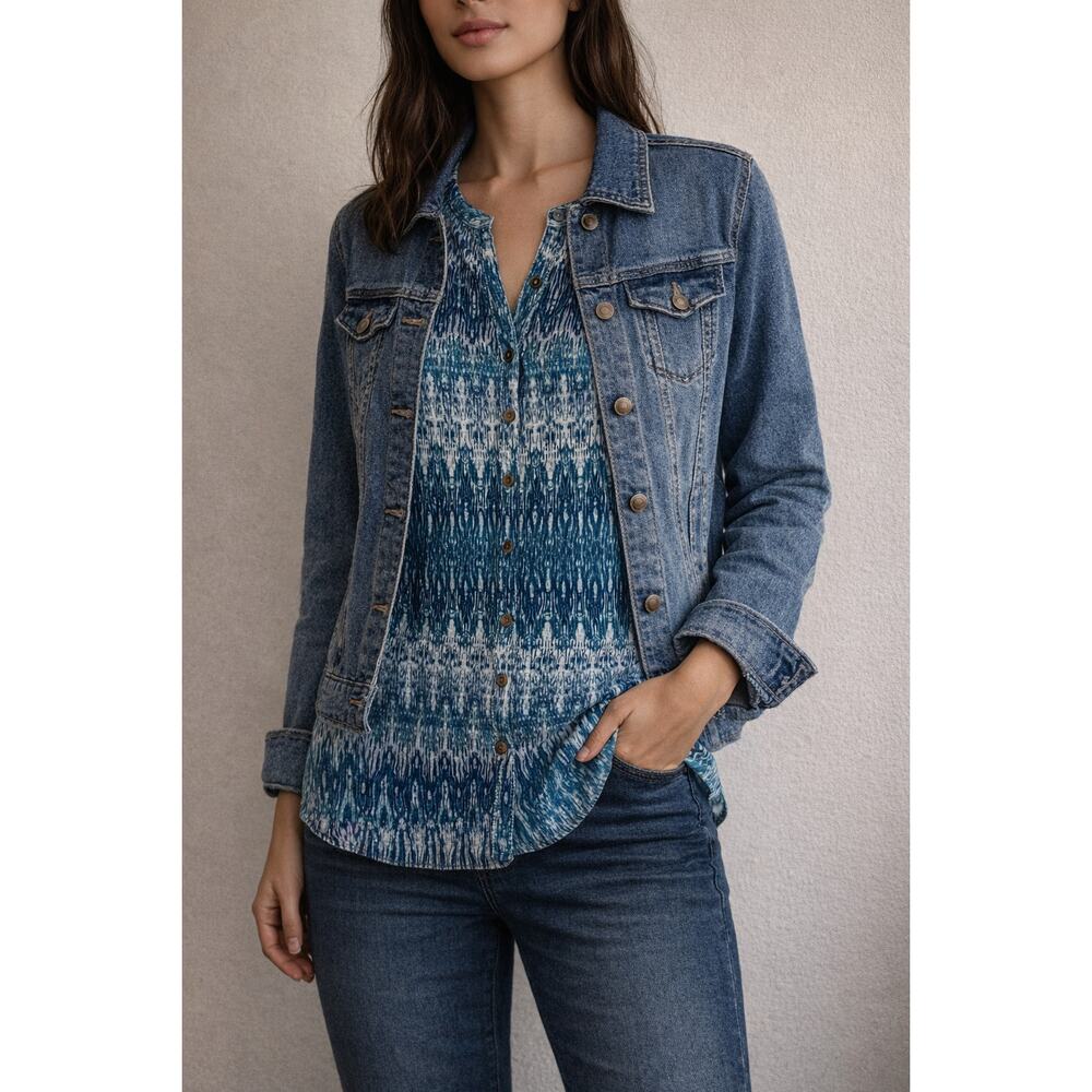 Indigo Blue Patterned Sleeveless Button Front Blouse Womens 2X